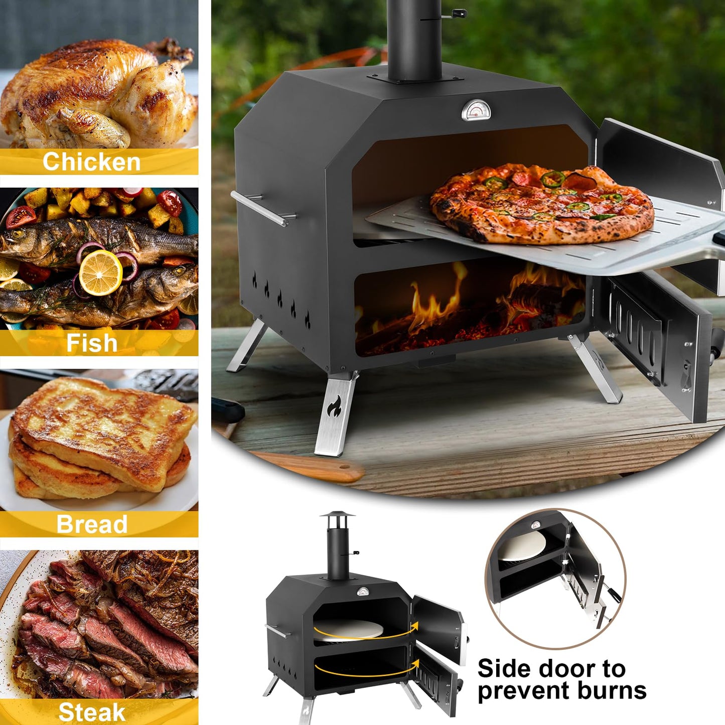 15’’ Outdoor Pizza Oven Wood Fired Pizza Oven Portable Patio Ovens Included Pizza Stone, Pizza Peel, Fold-up Legs, Cover Cooking Rack for Camping Backyard BBQ - CookCave