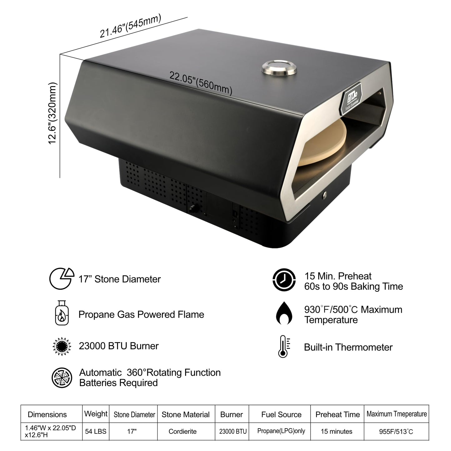 16" Propane Gas Portable Outdoor Pizza Oven w/Rotating Stone and Integrated Thermometer - Carry Bag, Peel, Cutter, 1 Lb. Cylinder Adapter and 4 Ft. Hose w/Regulator for 20 Lbs. Tanks Included - CookCave