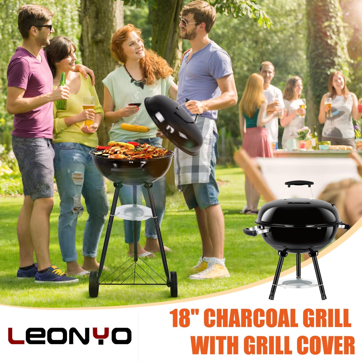 18 Inch Kettle Charcoal Grill, Leonyo Outdoor Barbecue Kettle Grill, Portable Round Smoker with Wheels, Porcelain-Enameled Lid & Fire Bowl, Perfect for Camping/Backyard/Tabletop Cooking/BBQ Party - CookCave