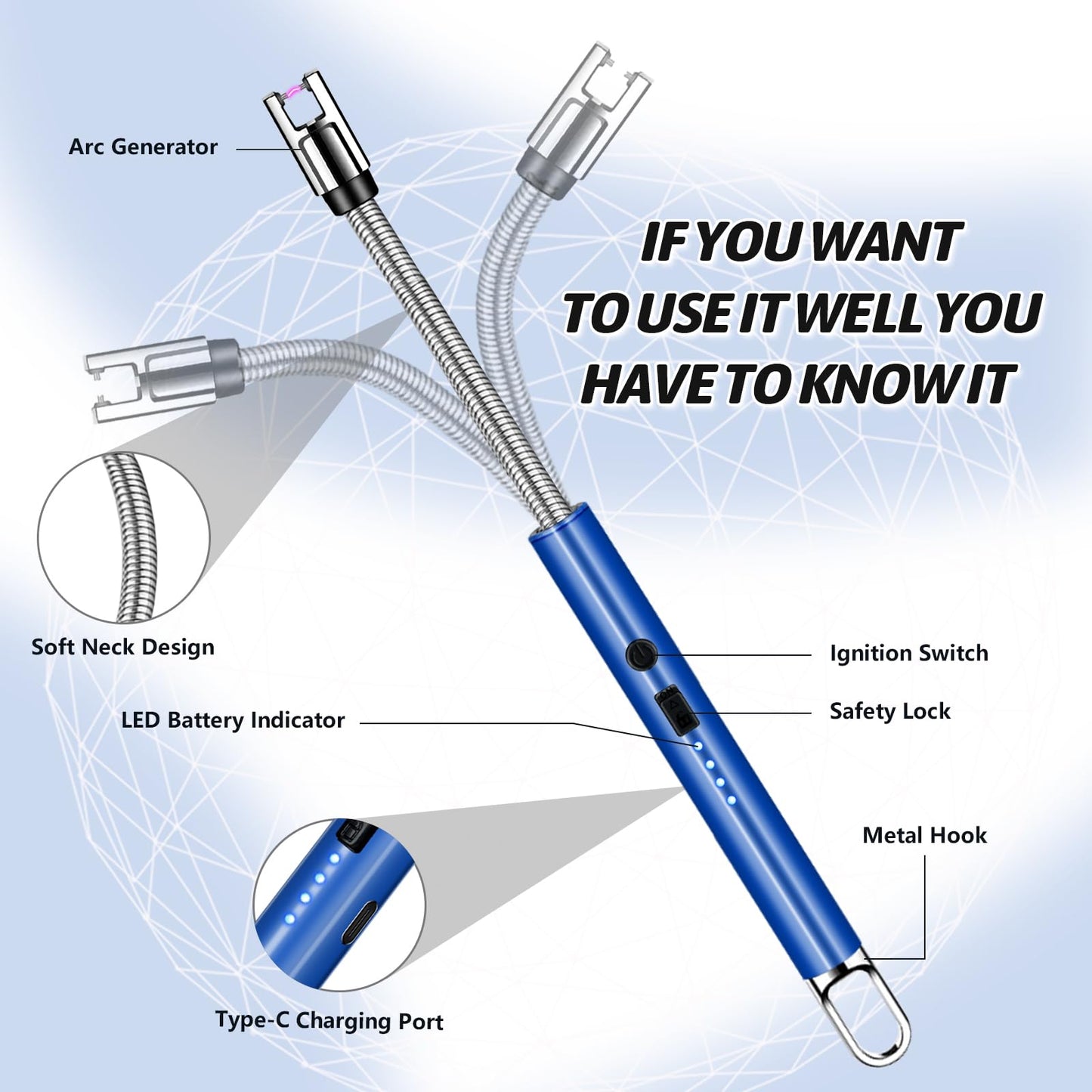 2 PCS Electric Lighter, Candle Lighter Arc Windproof Flame-Less with 360° Flexible Neck & LED Power Display, Type-C Rechargeable for BBQ, Grill, Camping, Fireplace, Stove - CookCave