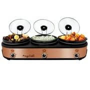 Megachef Triple 2.5 Quart Slow Cooker and Buffet Server in Brushed Copper and Black Finish with 3 Ceramic Cooking Pots and Removable Lid Rests