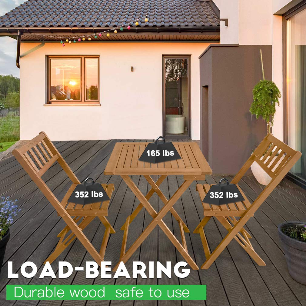3-Piece Acacia Wood Folding Patio Bistro Set Outdoor Bistro Set Table and Chairs Set with 2 Chairs and Square Table for Pool Beach Backyard Balcony Porch Deck Garden Wooden Furniture, Natural Oiled - CookCave