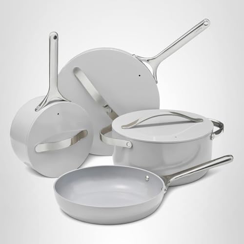 Caraway Deluxe Non-stick Ceramic Cookware Set (16 Piece) Pots, Frying Pans, Lids and Kitchen Storage - PFAS & PFOA Free - Oven Safe Pan Set & Compatible with All Stovetops - Gray