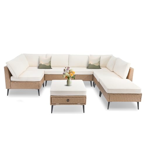 LVUYOYO 8 Pieces Outdoor Patio Furniture Set, Wicker Sectional Sofa Set for All-Weather, Rattan Conversation Sets with Cushions and Storage for Deck, Backyard, Porch (Khaki)