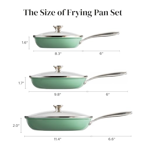 Redchef Nonstick 6-Piece Fry Pan Set, 8, 9.5, and 11 Inch Frying Pans with Tempered Glass Lids, Stay-Cool Handles, Dishwasher & Oven Safe, Induction Safe, Compatible with All Cooktops, Green
