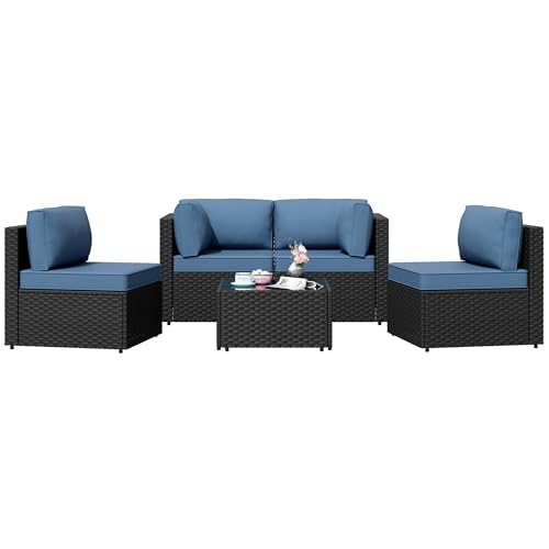 Shintenchi 5 Pieces Outdoor Patio Sectional Sofa Couch, PE Wicker Furniture Sets, Patio Conversation Sets with Washable Cushions Glass Coffee Table for Garden, Poolside, Backyard, Aegean Blue