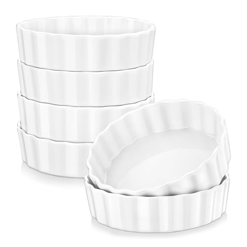 LOVECASA Porcelain Ramekins 8 Oz Oven Safe Set of 6 - Shallow Creme Brulee Dishes for Baking, Soufflés, Custards, Fluted Quiche Pans, Chip-Resistant & Stackable, White