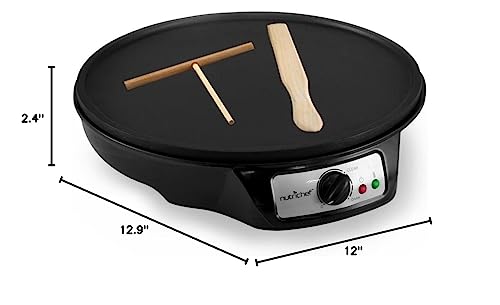 Nutrichef Electric Crepe Maker Pan & Griddle - 12 Inch Nonstick Cooktop, LED Indicators & Adjustable Temperature Control, Includes Spatula, Batter Spreader, Cooks Crepes, Roti & Pancakes