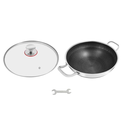 WINNIESHOP Hybrid Frying Pans Nonstick Paella Pan with Lid 14 Inch Stainless Steel Deep Skillet Large Frying Pan Big Pan for Cooking, Suitable for All Cooktops Including Induction (12.59 Inch)