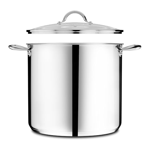 Stainless Steel Stockpot with Tempered Glass Lid 20 Quart, Durable 18/0 Stainless Steel, Impact-Bonded Base for Even Heating, Riveted Handles, Oven & All Stove Compatible, Safe Up To 500°F (260°C)