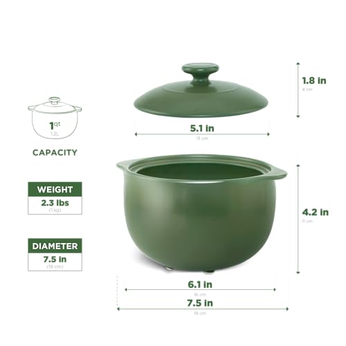MINH LONG 1-Qt Porcelain Dutch Oven with Lid – Lead & Cadmium Free, Oven Safe to 482°F, Heat Retention, Clay Pot for Cooking on Gas & Infrared Cooktop, Use to Marinate, Cook, Bake, Refrigerate & Serve