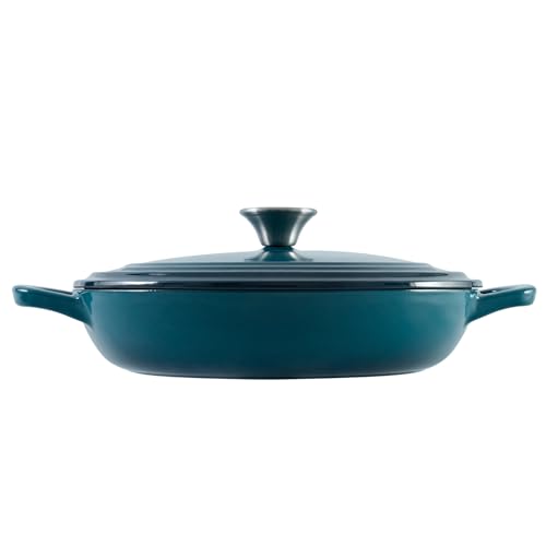 Flavehc Braiser Enameled Cast Iron Braiser 3 qt Braiser Pan with Lid DarkCyan Shallow Cast Iron Casserole Braiser Pan with Handels