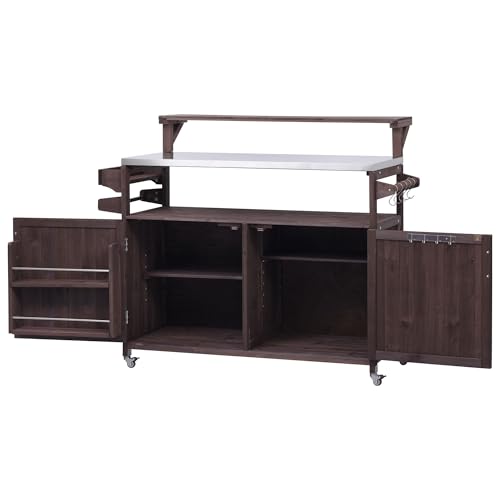 Merax 53.3" Outdoor Kitchen Island with Raised Shelf, Solid Wood Storage Cabinet with Stainless Steel Top, Rolling Grill Cart, Adjustable Shelf, Brown