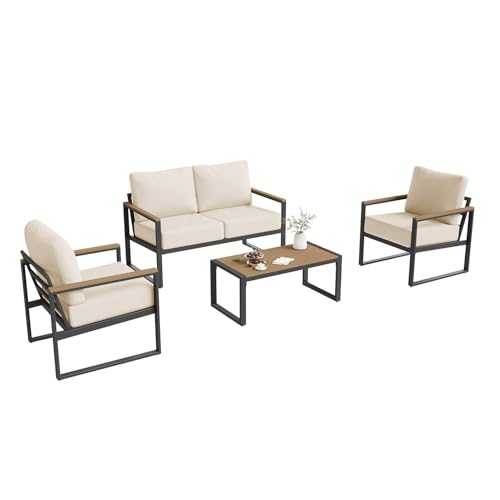 Aoxun Patio Furniture Set, 4 Piece Outdoor Patio Furniture with Thick Cushions, Modern Metal Outdoor Conversation Sets with Coffee Table for Porch, Balcony, Deck Beige