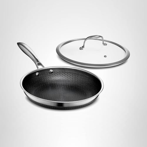 HexClad Hybrid Nonstick 10-Inch Frying Pan with Tempered Glass Lid, Stay-Cool Handle, Dishwasher-Friendly, Oven-Safe Up to 900°F, Induction Ready, Compatible with All Cooktops