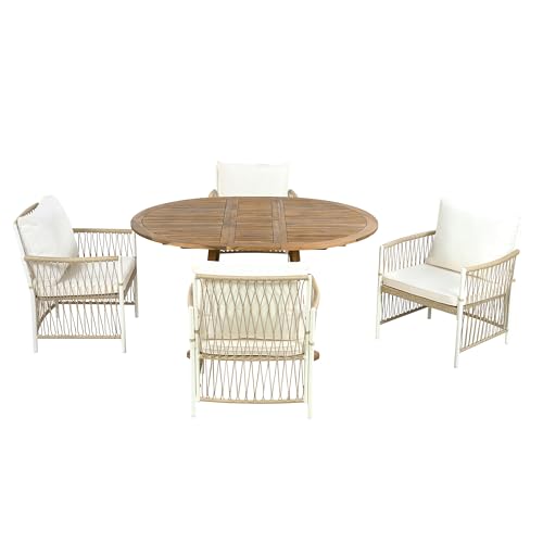 CKLMMC Modern 5-Piece Outdoor Patio Dining Set, All-Weather Acacia Wood Extendable Round Dining Table with 12inch Butterfly Leaf and 4 Rattan Arm Chairs for Backyard, Garden, Poolside