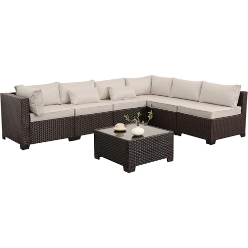 Rattaner 7 Pieces Wicker Patio Furniture Conversation Set Outdoor Sectional Sofa Glass Coffee Table with Non-Slip Cushions and Furniture Cover, Beige