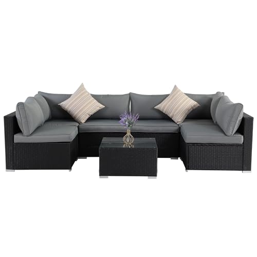 ZJEYEJZ 7 Pieces Black Patio Furniture Set - All-Weather Outdoor Sectional Wicker Conversation Sofa, Rattan Patio Seating Sofa Set with Grey Cushions and Glass Table for Porch Poolside, Spring 2026