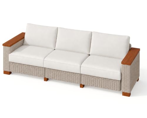 PaPaJet Outdoor Patio Sofa, 3 Seat Wicker Couch with Solid Armrests & Legs, 4.7" Thickened Removable Cushions, UV-Resistant Modular Sofa for Porch, Backyard, Garden