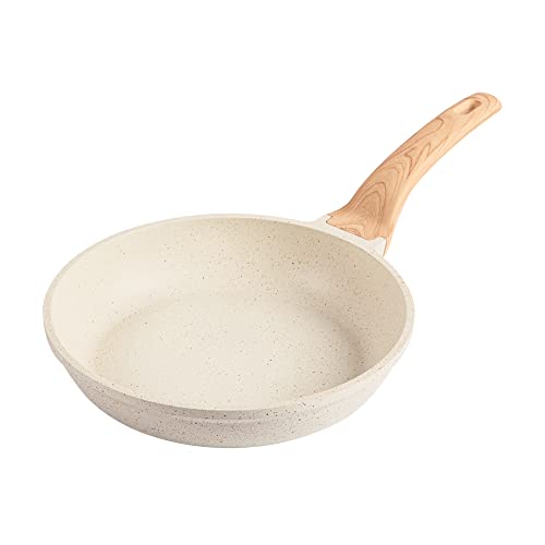CAROTE Non Stick Frying Pan Skillet, Omelet Pan, Healthy Non Toxic Granite Chef Pan, Induction Compatible Egg Frying Pan with Heat-Resistant Handle, PFOA-Free,Cream White, 10"