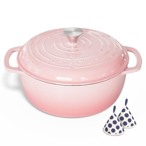 Umite Chef 6QT Enameled Cast Iron Dutch Oven with Lid, Versatile Heavy-Duty Cookware Pot for Baking Bread, Braising, Soups & Stews, Oven & Stovetop Safe with Heat Resistant Gloves(Pink)