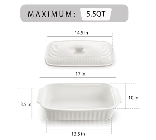 Large Baking Dish with Lid,5.5 Quart Lasagna Pan with Lid, 13.5x9 inch Ceramic Casserole Dish with Lid, Microwave, Dishwasher Safe, White