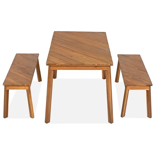 SOFTSEA 3-Piece Outdoor Patio Dining Table Set, Acacia Wood Picnic Table with 2 Benches, Indoor Outdoor Dining Set for Garden, Porch and Poolside, Natural