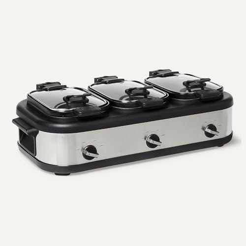 Amazon Basics Triple Slow Cooker with Ceramic Non-Stick Coating and Temperature Controls, 3 x 2.5 Quarts, Stainless Steel