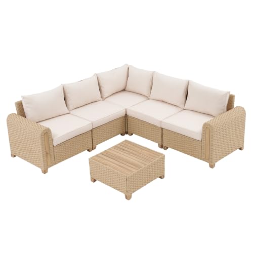 SUNSITT 6-Piece Patio Wicker Modular Sectional Set with Acacia Wood Accents