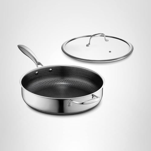 HexClad Hybrid Nonstick 4.5-Quart Deep Sauté Pan with Tempered Glass Lid, Stay-Cool Handle, Dishwasher-Friendly, Oven-Safe Up to 900°F, Induction Ready, Compatible with All Cooktops