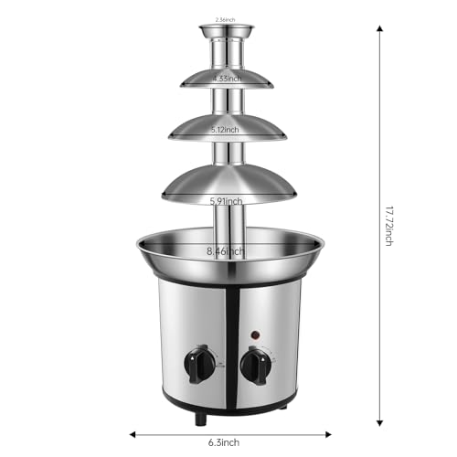 Chocolate Fountain Machine – Electric Stainless Steel Fondue Fountain, 4-Tier, 4-Pound Capacity for Chocolate, Candy, Butter & Cheese, Heated Bowl & Dual Controls