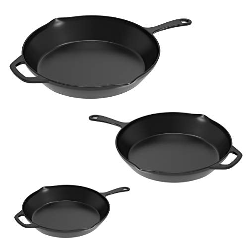 Pre Seasoned Cast Iron Skillets - 3 Pan Set - 9 inches, 8 inches, 6 inches - 1.5 to 2 inches deep - Durable with Strong Handle - Great for both veggies and meat