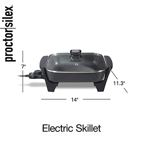 Proctor Silex Electric Skillet with Lid, 116 sq. in. Nonstick Cooking Surface for Frying, Sauteing, Simmering and Braising, Adjustable Temp 200° to 400° F, Black (38526PS)