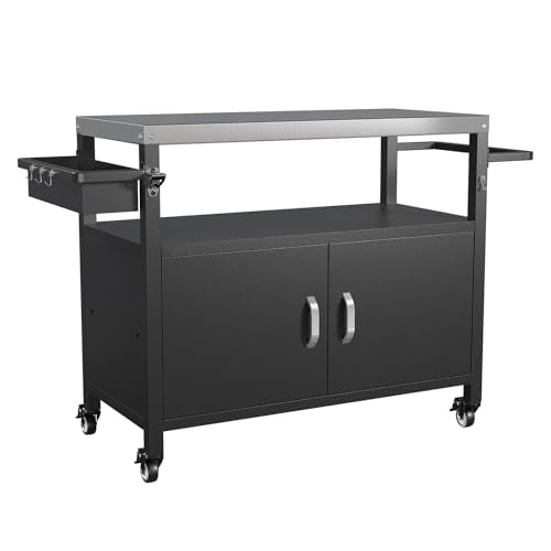 Belord Outdoor Grill Table with Storage Cabinet, Outdoor Grill Cart with Wheels, Movable BBQ Cart Prep Station Kitchen with Stainless Steel Top and Removable Side Basket for Poolside Backyard Black