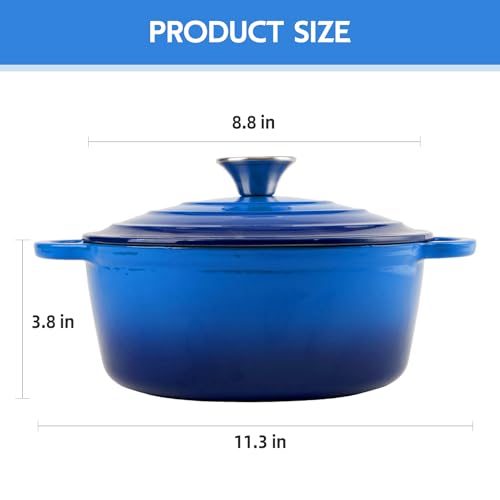 3 Quart Dutch Oven Enameled Cast Iron with Lid - Big Dual Handles - Oven Safe up to 500°F - Classic Round Pot for Versatile Cooking Blue