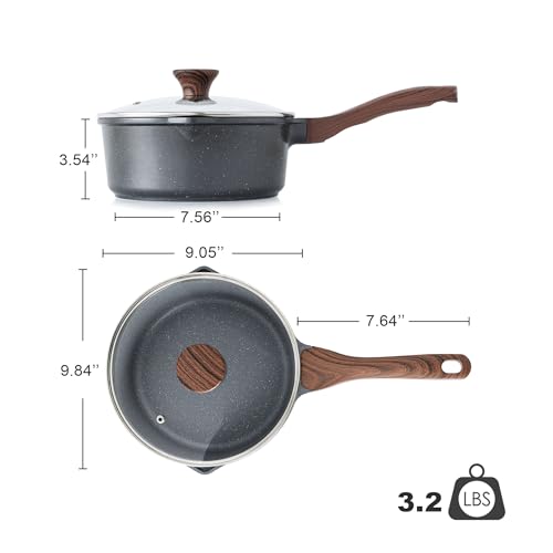 SENSARTE Nonstick Sauce Pan with Double Spout, 3.0 Quarts Swiss Granite Coating Sauce Pot with Lid Medium Kitchen Cooking Pot, Induction Comptable Saucepan, Free of Intentionally Added PFOA