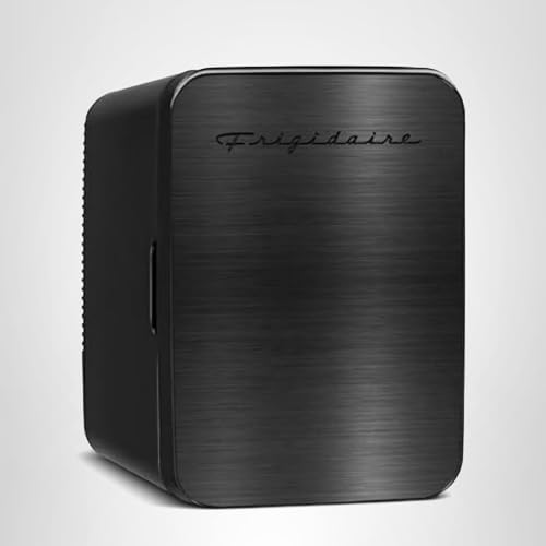 Frigidaire Mini Personal Fridge Cooler, Countertop, Holds Up to 10L/15 Cans, Brushed Black Stainless Rugged Design, Portable for Skincare, Makeup, Car, Office, Bedroom, Dorm Room, or Cabin