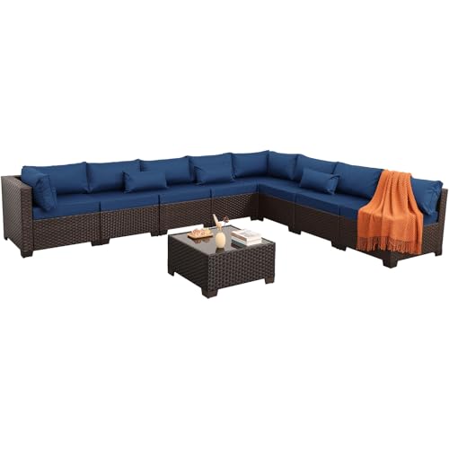 Rattaner 9 Pieces Outdoor Sectional All-Weather HDPE Brown Wicker Patio Furniture Set Patio Sectional and Glass Patio Table Non-Slip Cushions and Waterproof Covers, Navy Blue