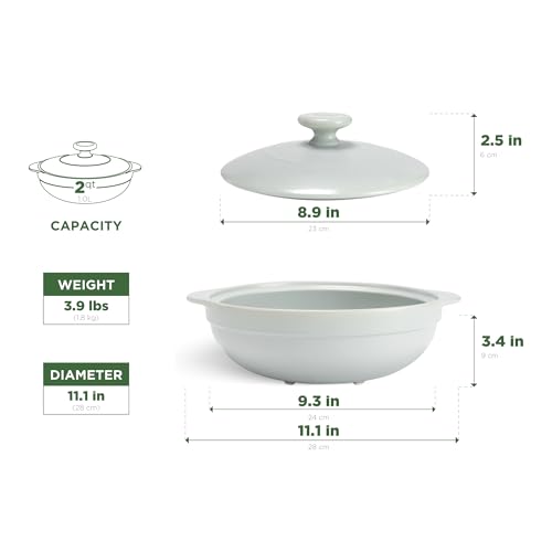 MINH LONG 2-Qt Porcelain Dutch Oven with Lid – Lead & Cadmium Free, Oven Safe to 482°F, Heat Retention, Clay Pot for Cooking on Gas & Infrared Cooktop, Use to Marinate, Cook, Bake, Refrigerate & Serve