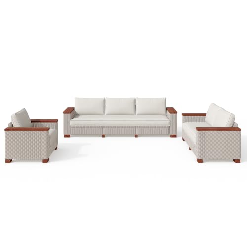 PaPaJet 6-Piece Wicker Patio Furniture Set with Solid Wood Armrest, Outdoor Patio Set with Thick Legs, UV-Resistant Modular Outdoor Sectional Sofa for Backyard, Porch, Garden