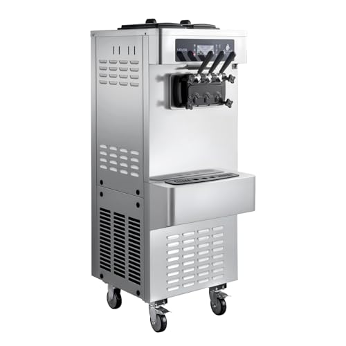 VEVOR Commercial Ice Cream Machine, 20-28L/H Yield 2200W Freestanding Soft Serve Ice Cream Maker with 3-Flavor, 2 x 6L Hoppers, Puffing Pump, Pre-Cooling Low-Mix Alert, Ideal for Snack Dessert Shop