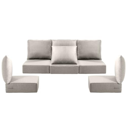 ACTREST Luxury 24x24x6 Outdoor Cushions for 5-Seat Sectional Sofa Set of 5 - Water-Repellent 11-Piece Patio Cushion Set for Outside Rattan Wicker Loveseat Chair L-Shape Couch - Beige/Classic