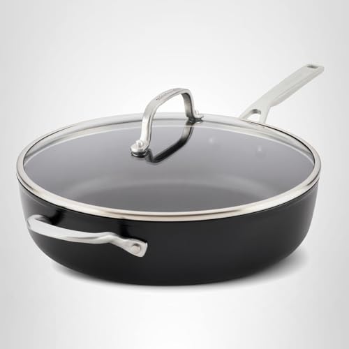 KitchenAid Hard Anodized Induction Nonstick Cookware Saute Pan/Jumbo Cooker with Lid and Helper Handle, Dishwasher Safe, 5 Quart Non Stick Sauteuse with Stainless Steel Handles - Matte Black