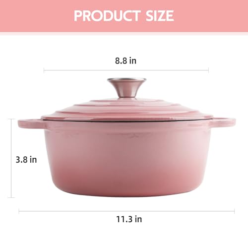 3 Quart Dutch Oven Enameled Cast Iron with Lid - Big Dual Handles - Oven Safe up to 500°F - Classic Round Pot for Versatile Cooking Pink