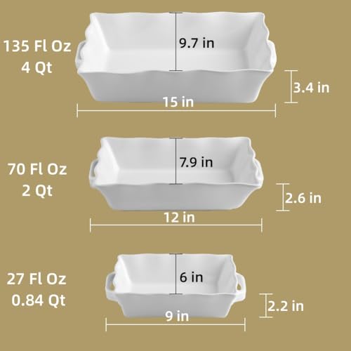Sweejar Casserole Dishes for Oven, Ceramic Bakeware Set of 3, Rectangular Baking dish with Handles, Wave Edge Lasagna Pan Deep for Cooking, Cake, Dinner, Banquet and Daily Use (Turquoise)