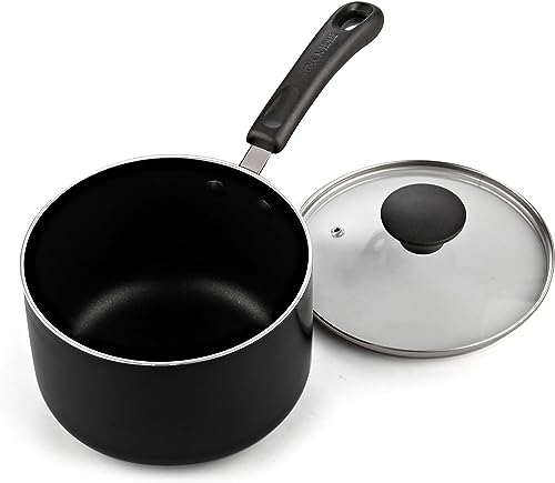 Cook N Home Basic Nonstick Saucepan with Glass Lid, Non Stick Aluminum Sauce Pan, Multi-purpose Kitchen Pot, Milk Chocolate Cooking Pot Pan with Stay-Cool Handle, 3-Quart, Black