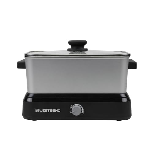 West Bend Versatility Slow Cooker Large Capacity Non-stick Cooking Vessel & Variable Temperature Heating Base Includes Travel Lid and Storage Bag, Range and Oven-Safe Cooking Pot, 5-Quart, Silver