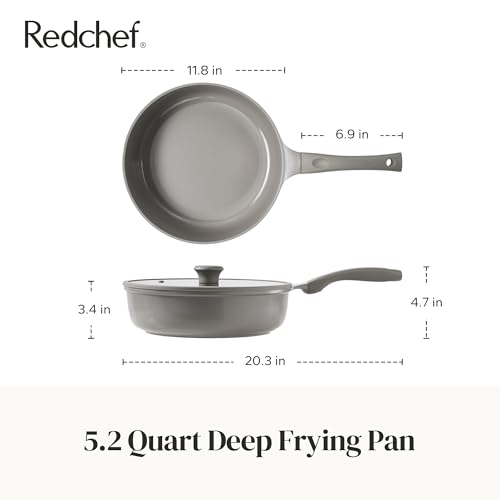 Redchef Ceramic Coated Nonstick Frying Pan with Cover, Large Deep Saute Pan Skillet, Induction Ready, Dishwasher Safe, PFOA PFOS Free, Non Toxic, Glass Lid Large Deep Frying Pan, Grey (5.5Qt, 12")