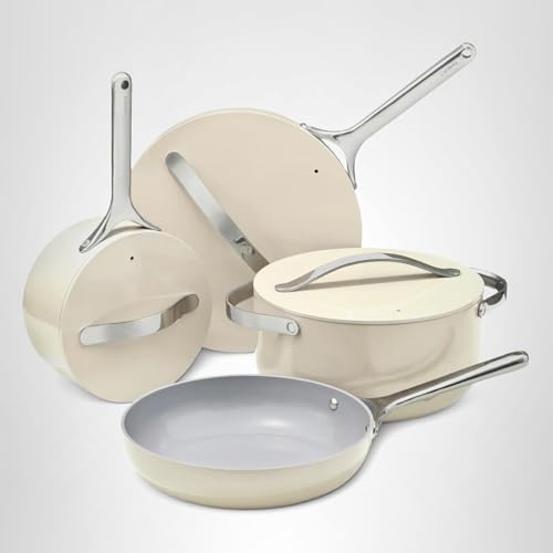 Caraway 24-Piece Nonstick Ceramic Cookware Set - Includes Fry Pans, Sauce, Sauté Pan, Dutch Oven, Petite Cooker, Stir Fry, Rondeau, Stock Pot, Lids & Storage Organizers - Cream