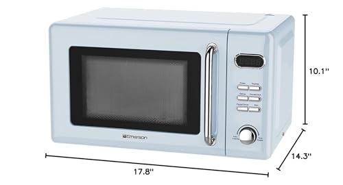 Emerson MWR7020BL Retro Compact Countertop Microwave Oven with Button Control, LED Display, 700W 5 Power Levels, 8 Auto Menus, Glass Turntable and Child Safe Lock, 0.7, Thunderbird Blue